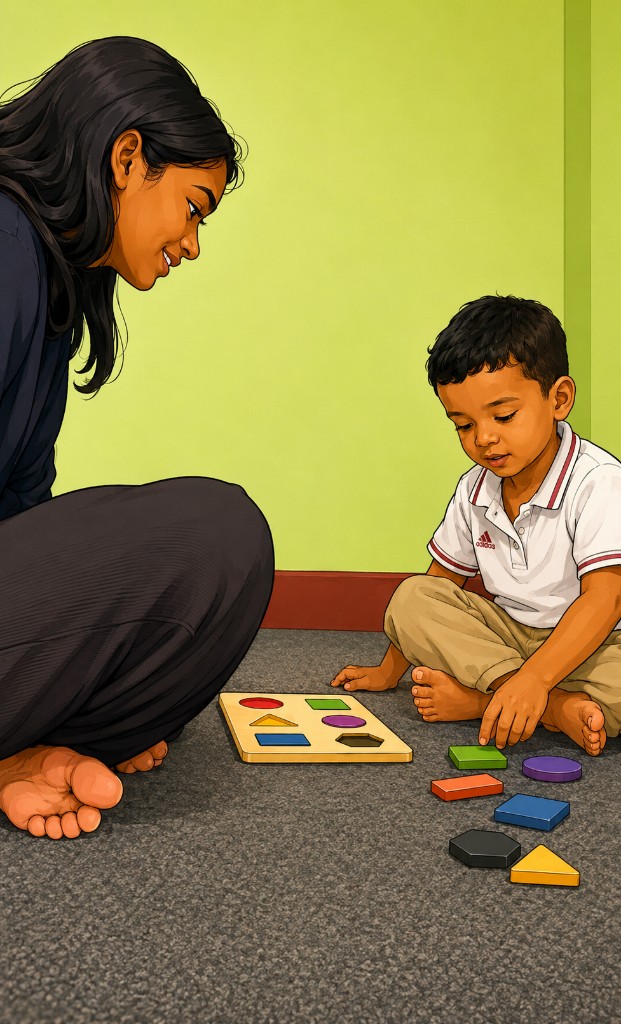 Therapist guiding a child through learning activities
